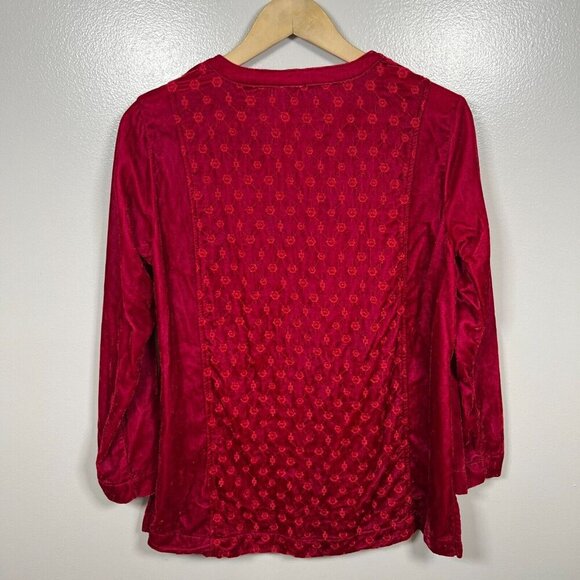 John Mark Velvet Tunic Top Size Small Red Embroidered Roll Tab Sleeve Peasant - Picture 2 of 10